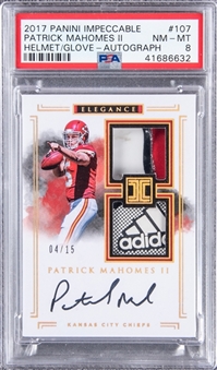 2017 Panini Impeccable #107 Patrick Mahomes II Signed Helmet/Glove Patch Rookie Card (#04/15) - PSA NM-MT 8